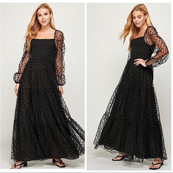 Black Mesh Sleeve Polka Dot Tiered Formal Long Dress - Picture 2 of 4